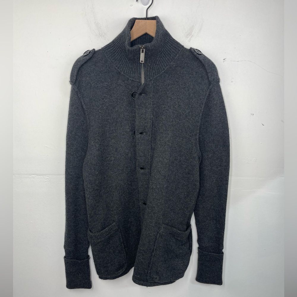 KARL LAGERFELD Men’s Long Sleeve Wool Blend Cardigan Charcoal Gray Mock Neck XL